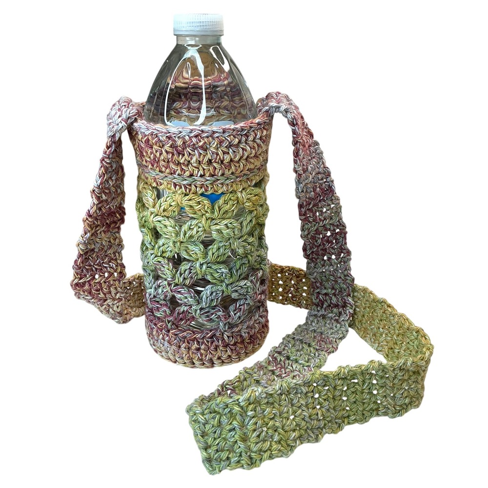 Handmade Multi Crochet Water Bottle Holder Unisex OS Crossbody Boho Sling - Picture 5 of 17